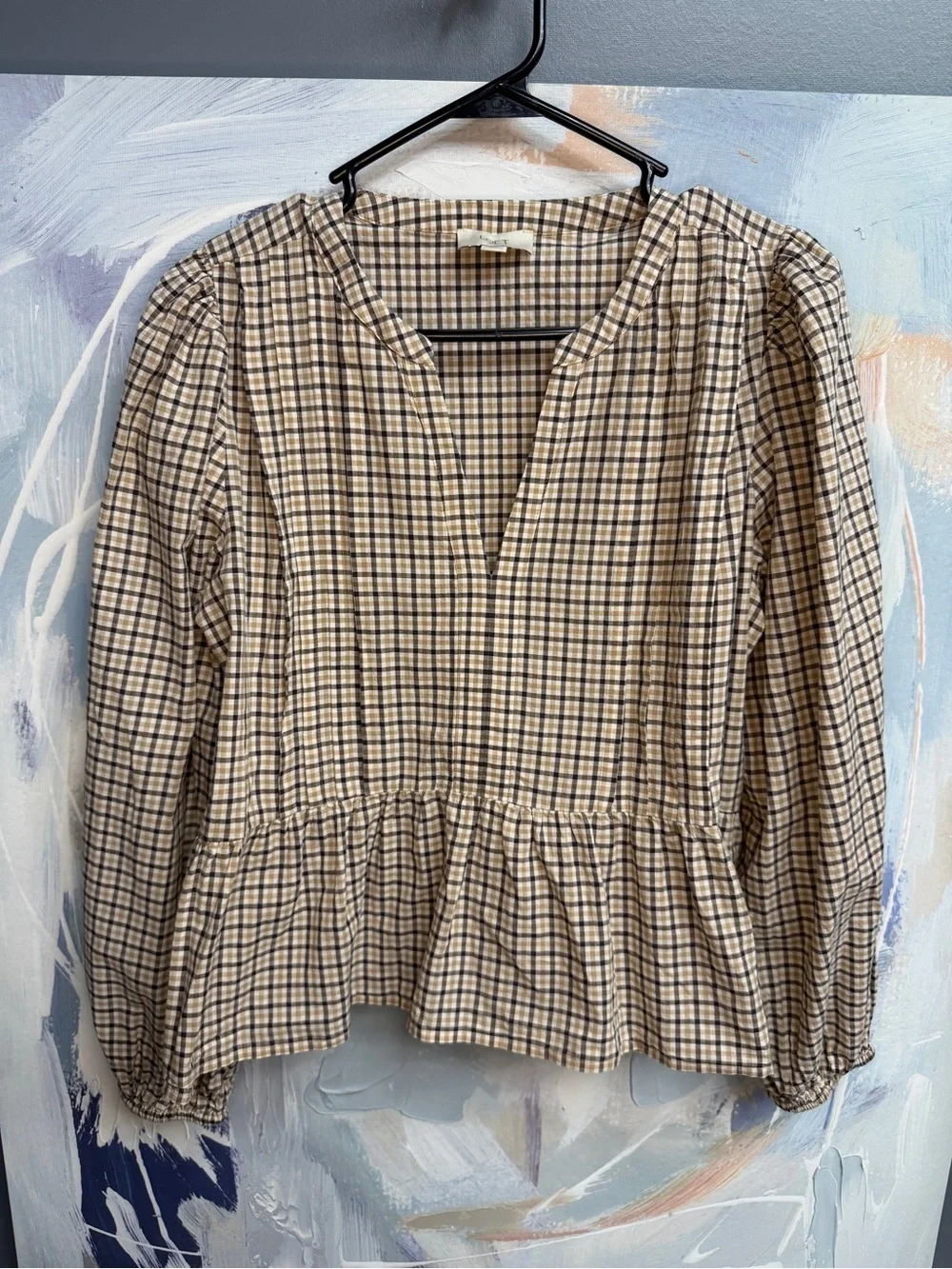 LOFT Outlet Plaid Cottagecore Peplum Top Brown Beige Long Sleeve Small 1139